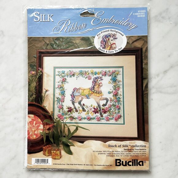 Bucilla Silk RIbbon Embroidery Kit Carousel Horse Flowers Quick & Easy 10" x 8" - Picture 1 of 4